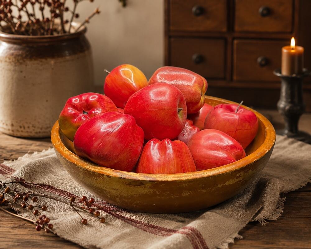 Vintage Wood Bowl with 13 Faux Apples Japan Primitive Farmhouse Decor